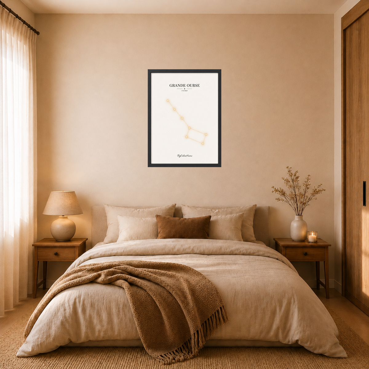 Grande Ourse [50 × 70] dans un grand cadre [noir] accroché au mur au-dessus d’un lit.
