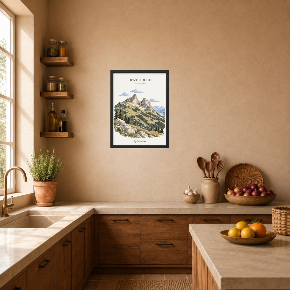 Dent d’Oche [50 × 70] dans un grand cadre [noir] accroché au mur dans une cuisine chaleureuse aux tons naturels.