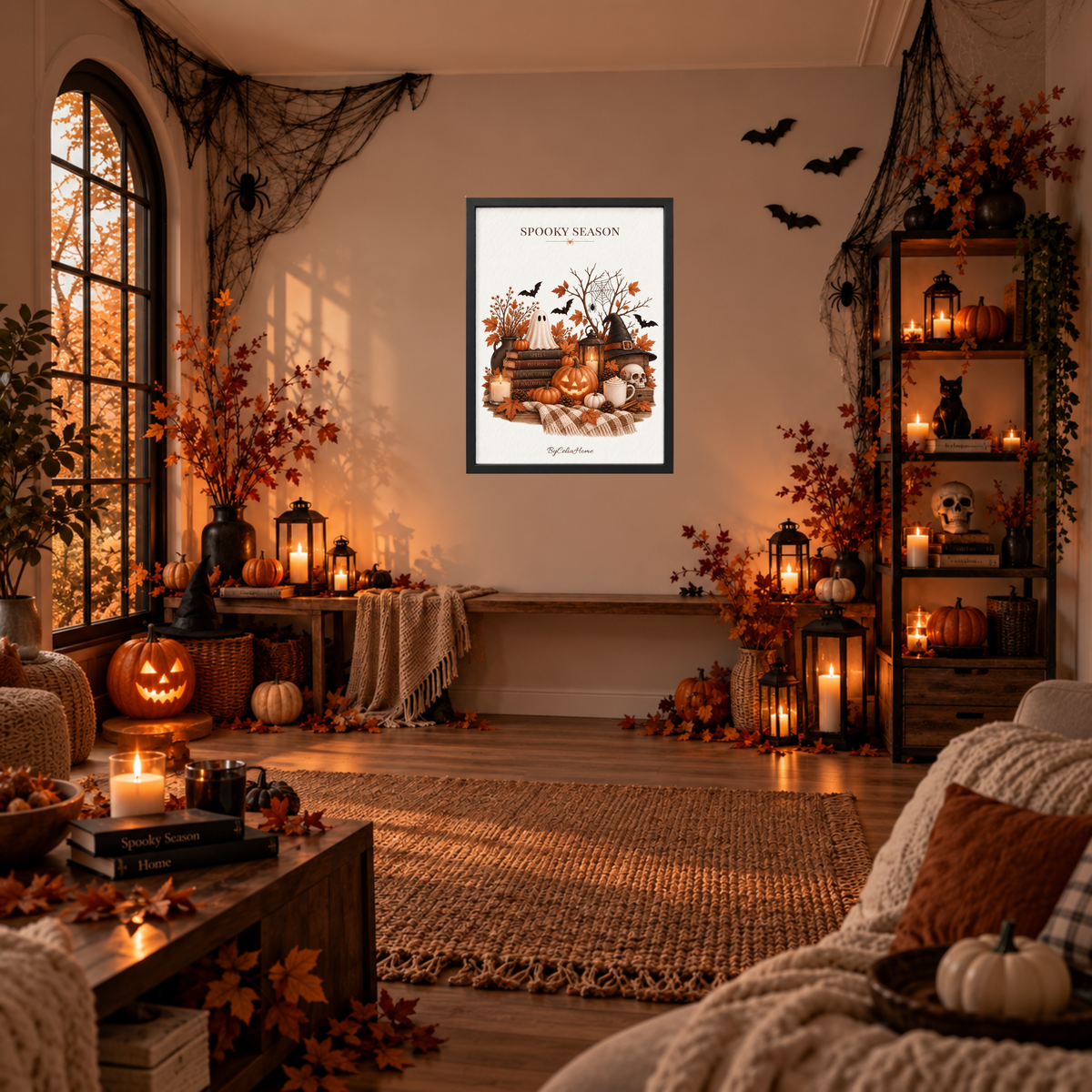 Spooky Season [50 × 70] dans un grand cadre [noir] accroché au mur dans un salon décoré pour Halloween.