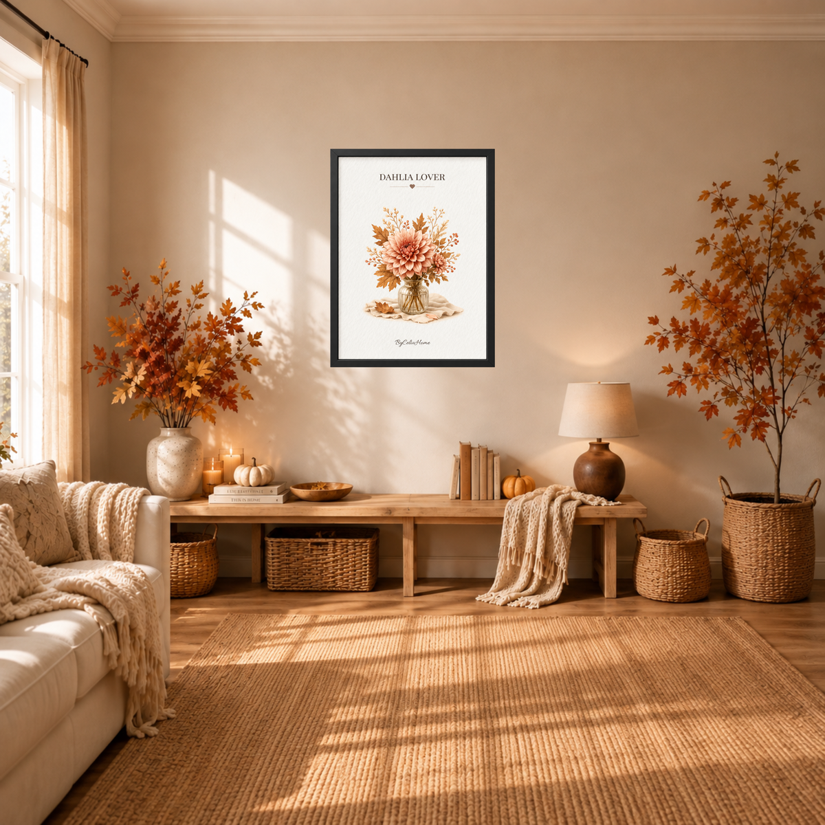 Dahlia Lover [50 × 70] dans un grand cadre [noir] accroché au mur dans un salon aux tons automnaux.