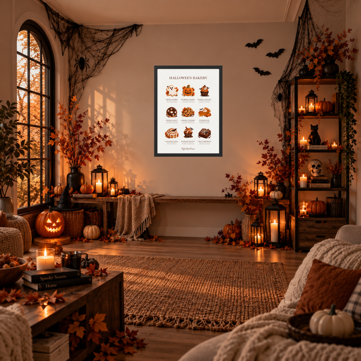 Halloween Bakery [50 × 70] dans un grand cadre [noir] accroché au mur dans un salon décoré pour Halloween.