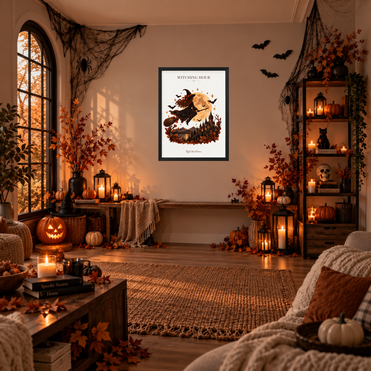 Witching Hour [50 × 70] dans un grand cadre [noir] accroché au mur dans un salon décoré pour Halloween