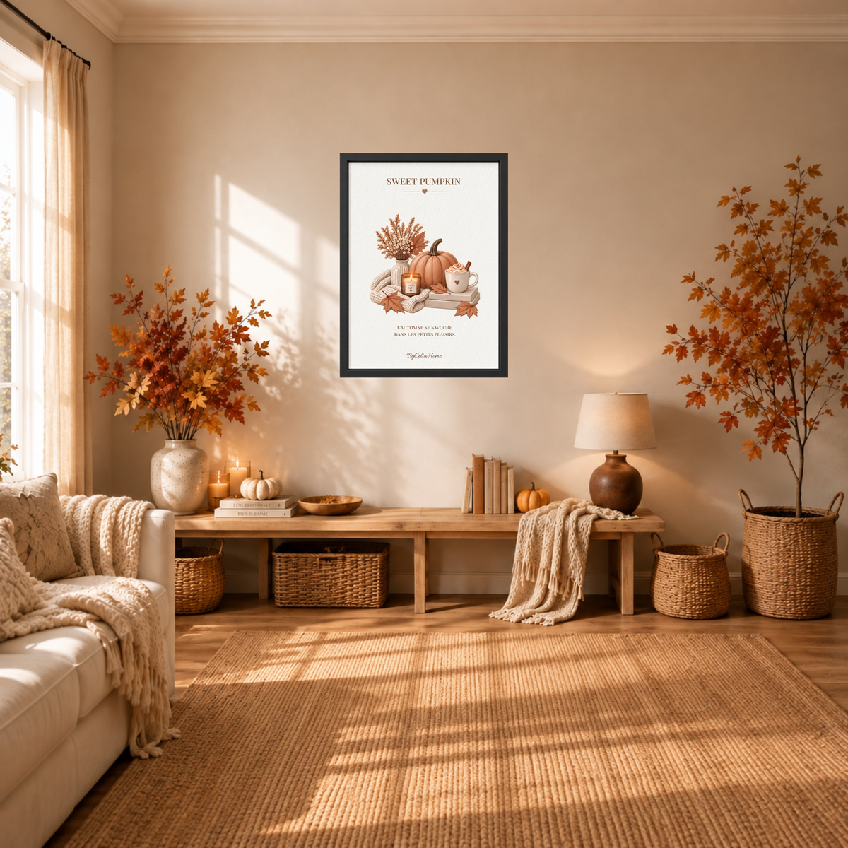 Sweet Pumpkin [50 × 70] dans un grand cadre [noir] accroché au mur dans un salon à l’ambiance automnale.