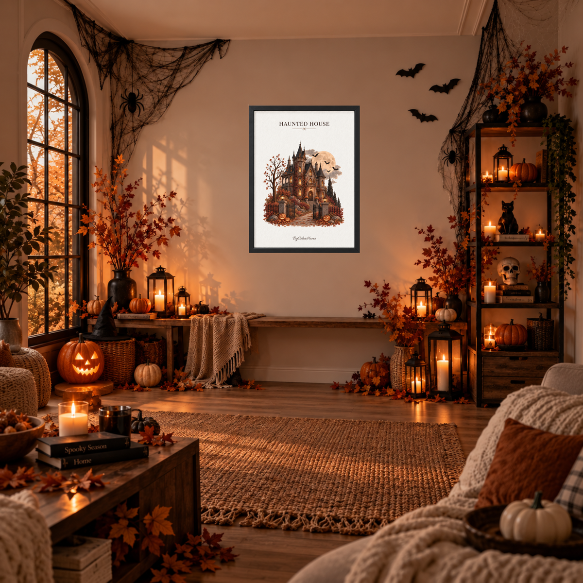 Haunted House [50 × 70] dans un grand cadre [noir] accroché au mur dans un salon décoré pour Halloween.