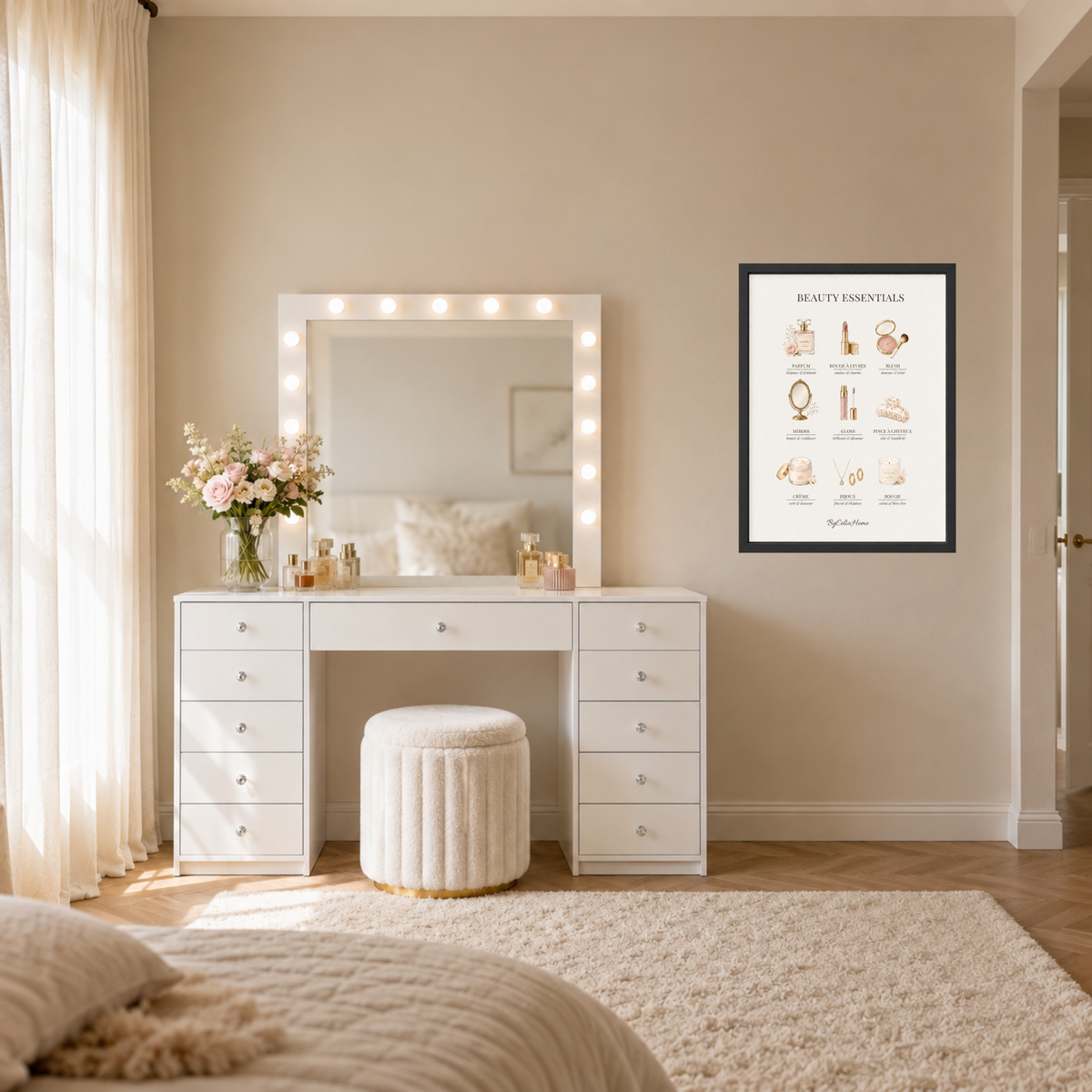 Tableau Beauty Essentials [50x70] avec cadre [noir] au-dessus d’une coiffeuse