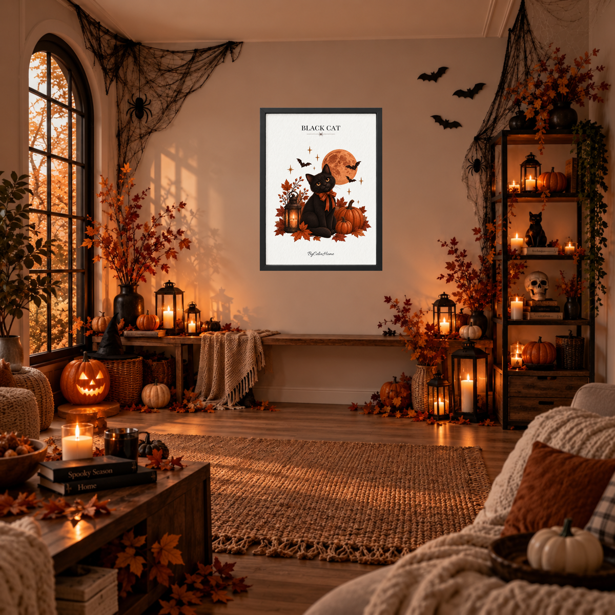 Black Cat [50 × 70] dans un grand cadre [noir] accroché au mur dans un salon décoré pour Halloween.