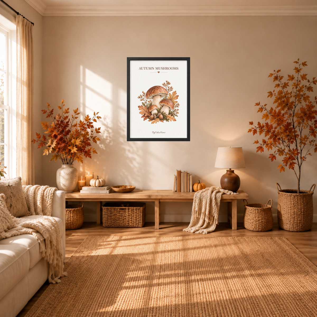 Autumn Mushrooms [50 × 70] dans un grand cadre [noir] accroché au mur dans un salon aux tons automnaux.