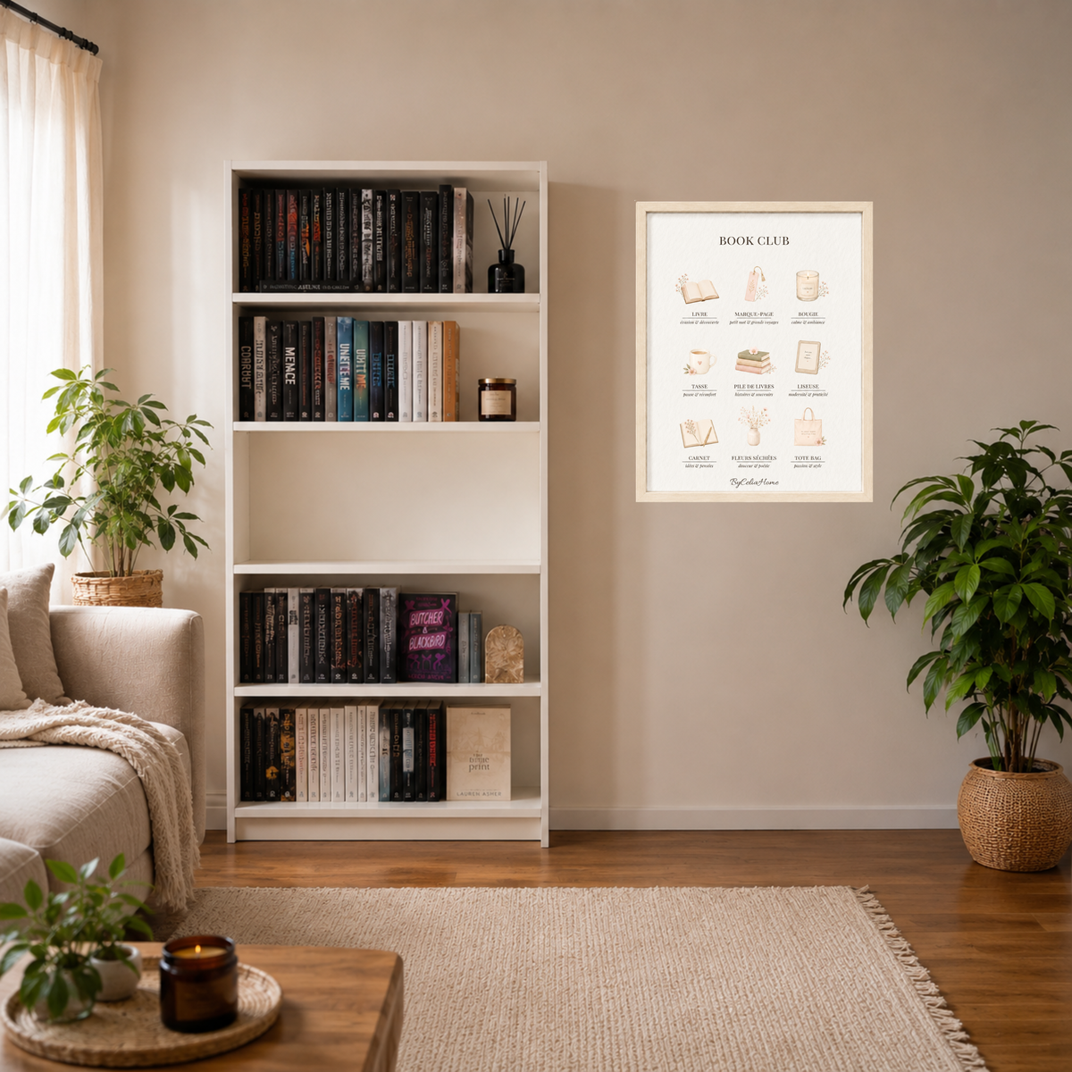 Tableau Book Club [50x70] avec cadre [effet bouleau] dans un coin lecture