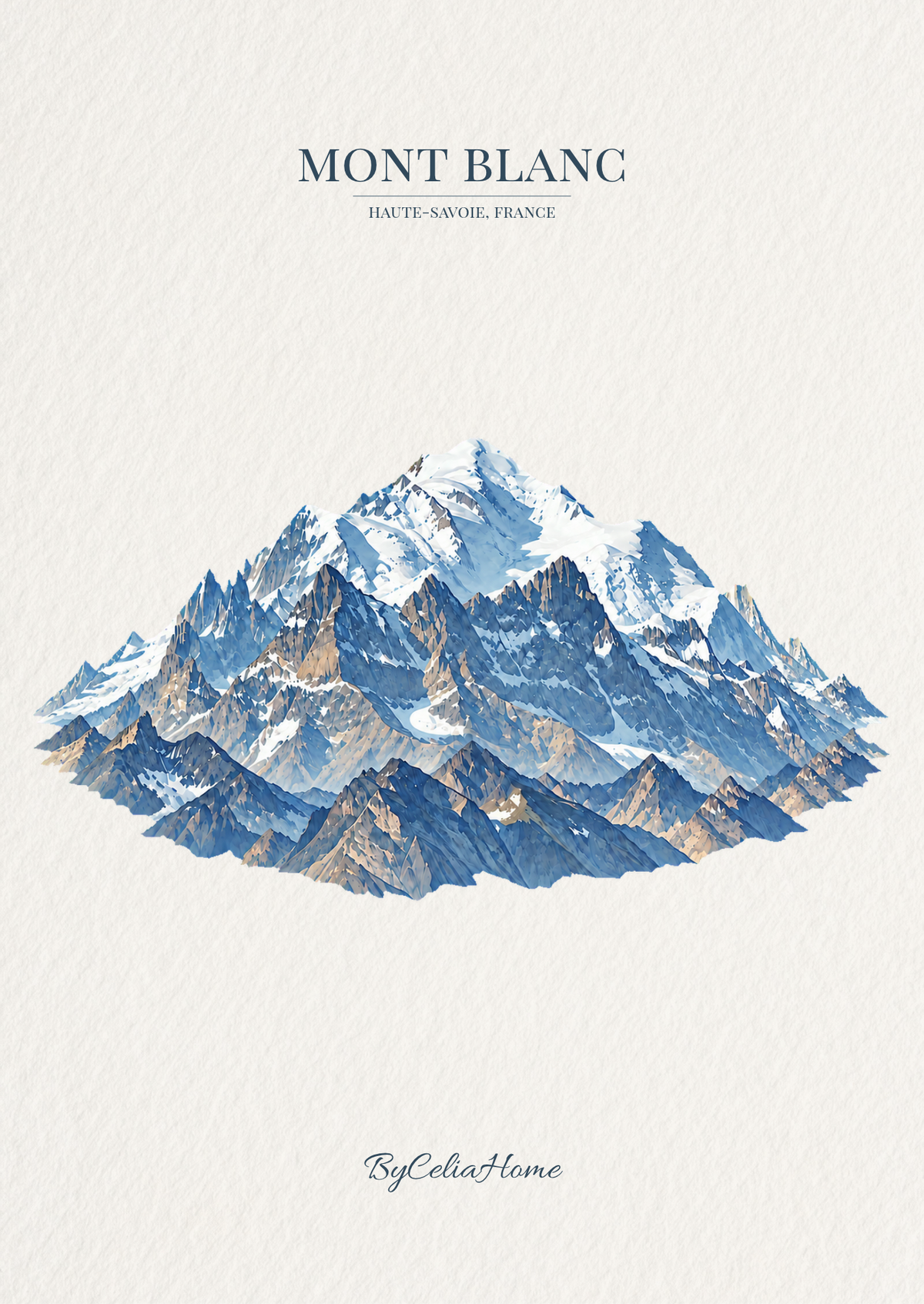 Visuel Mont Blanc représentant le célèbre sommet enneigé de Haute-Savoie dans des nuances de bleu, de blanc et de beige.