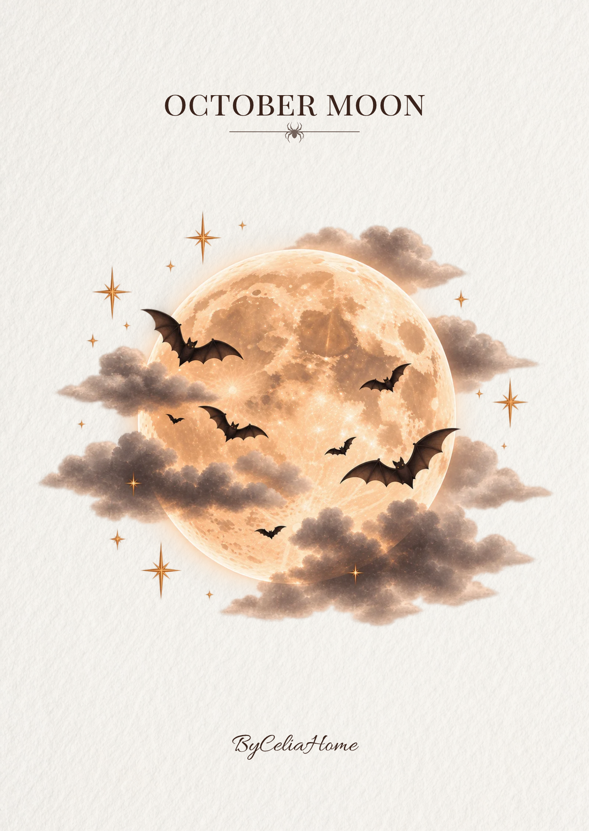 Visuel October Moon représentant une grande lune dorée entourée de nuages, de chauves-souris et d’étoiles cuivrées sur un fond blanc texturé.