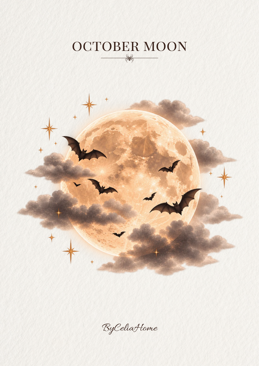 Visuel October Moon représentant une grande lune dorée entourée de nuages, de chauves-souris et d’étoiles cuivrées sur un fond blanc texturé.