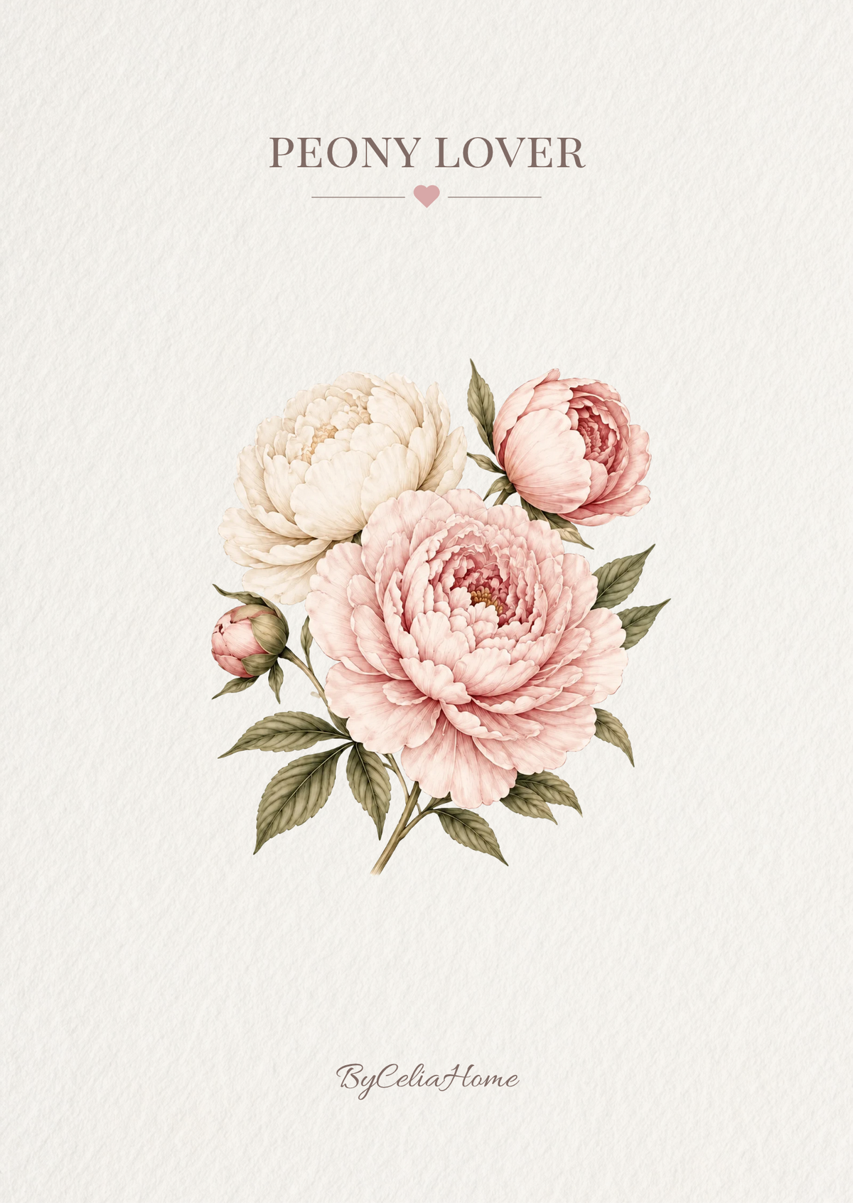 Visuel Peony Lover représentant un bouquet de pivoines roses et ivoire accompagné de feuillage, sur un fond blanc texturé.