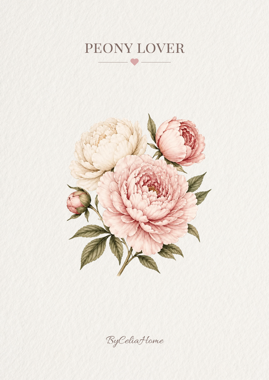 Visuel Peony Lover représentant un bouquet de pivoines roses et ivoire accompagné de feuillage, sur un fond blanc texturé.