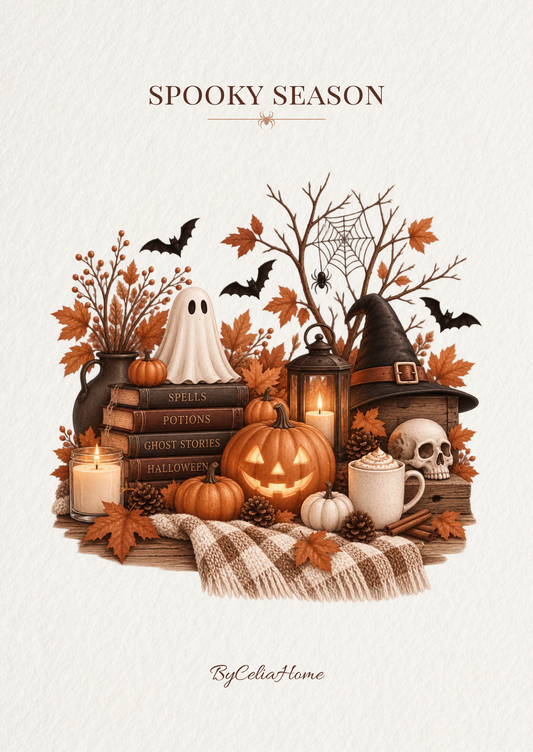 Visuel Spooky Season représentant un décor d’Halloween avec fantôme, citrouilles, grimoires, chapeau de sorcière, crâne, lanterne, chauves-souris et feuillages automnaux.
