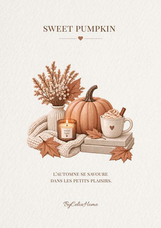 Visuel Sweet Pumpkin représentant une citrouille entourée de fleurs, d’une boisson chaude, d’une bougie et d’un plaid, accompagné de la phrase « L’automne se savoure dans les petits plaisirs ».