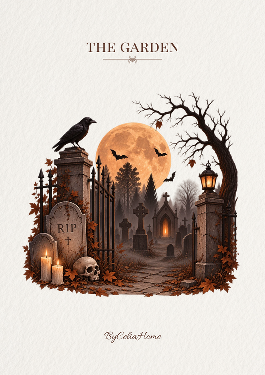 Visuel The Garden représentant l’entrée d’un cimetière sous une grande lune orangée, avec un corbeau, des chauves-souris, des pierres tombales, un crâne, des lanternes et un arbre dénudé.