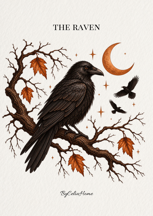 Visuel The Raven représentant un grand corbeau noir posé sur une branche, entouré de feuilles d’automne, d’une lune cuivrée, d’étoiles et de deux corbeaux en vol, sur un fond blanc texturé.