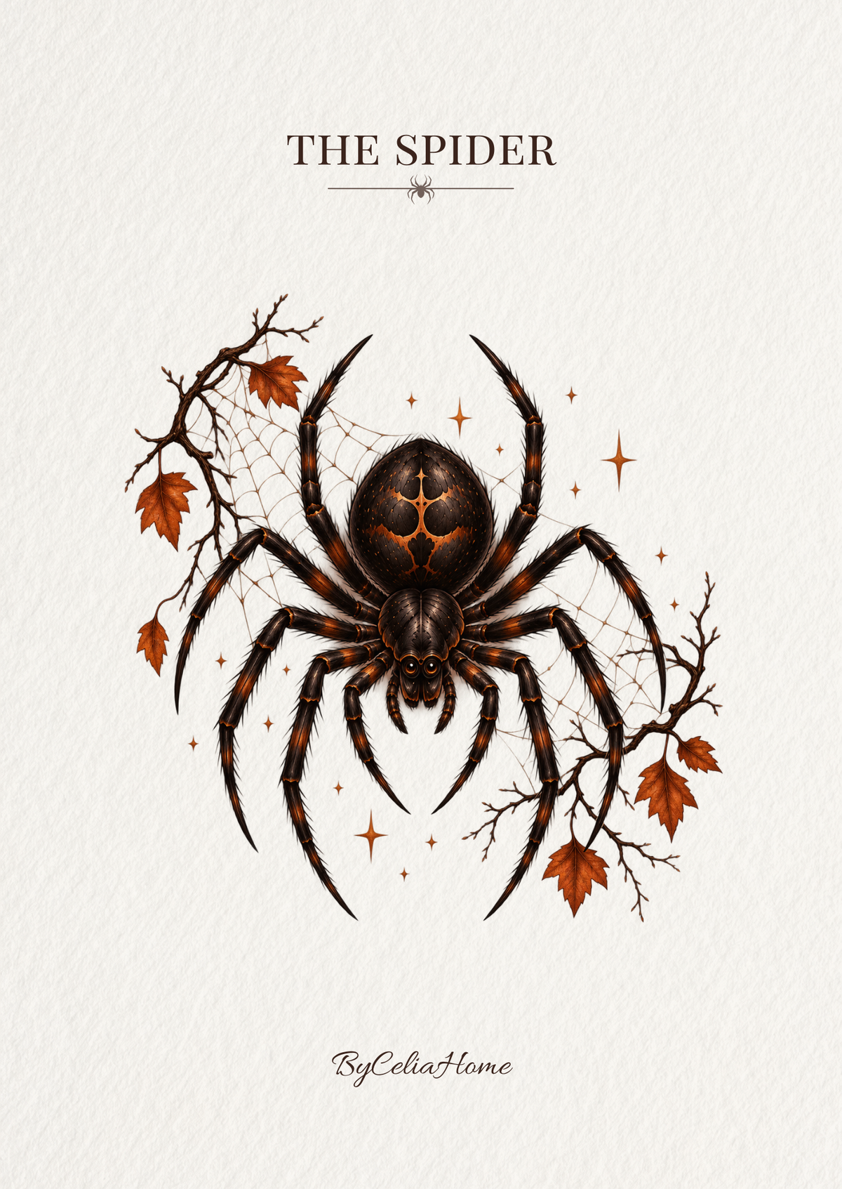 Visuel The Spider représentant une grande araignée noire aux reflets orangés, entourée de toiles, de branches, de feuilles d’automne et d’éclats cuivrés sur un fond blanc texturé.