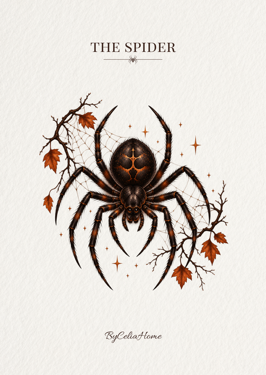 Visuel The Spider représentant une grande araignée noire aux reflets orangés, entourée de toiles, de branches, de feuilles d’automne et d’éclats cuivrés sur un fond blanc texturé.