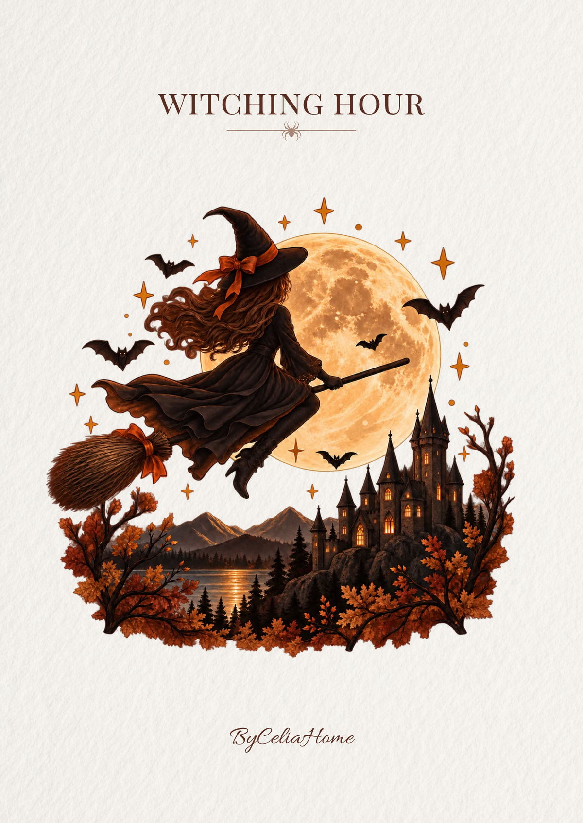 Visuel Witching Hour représentant une sorcière volant sur un balai devant une pleine lune dorée, entourée de chauves-souris, au-dessus d’un château et d’un paysage automnal