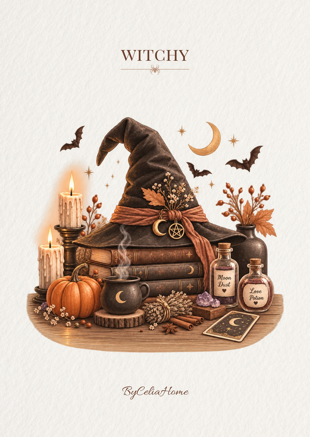 Visuel Witchy représentant un chapeau de sorcière posé sur d’anciens grimoires, entouré de bougies, de potions, d’une citrouille, d’une tasse fumante et de chauves-souris sur un fond blanc texturé.